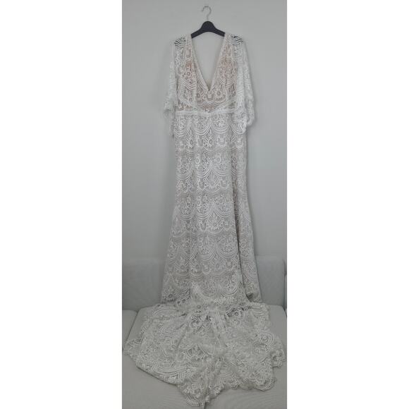BHLDN Rish Haleh Flutter-Sleeve Lace V-Neck Fit & Flare Wedding Gown 22W NWT - Picture 2 of 14